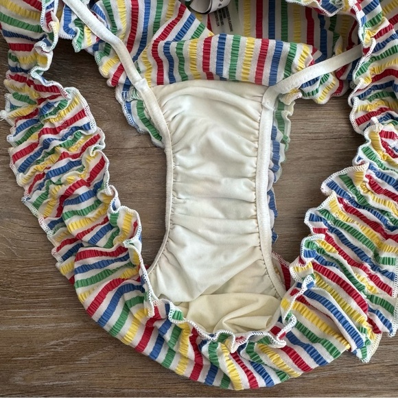 Solid & Striped Women's XS Rainbow Striped Bikini Seersucker Ruffle Audrey Top - Picture 8 of 14